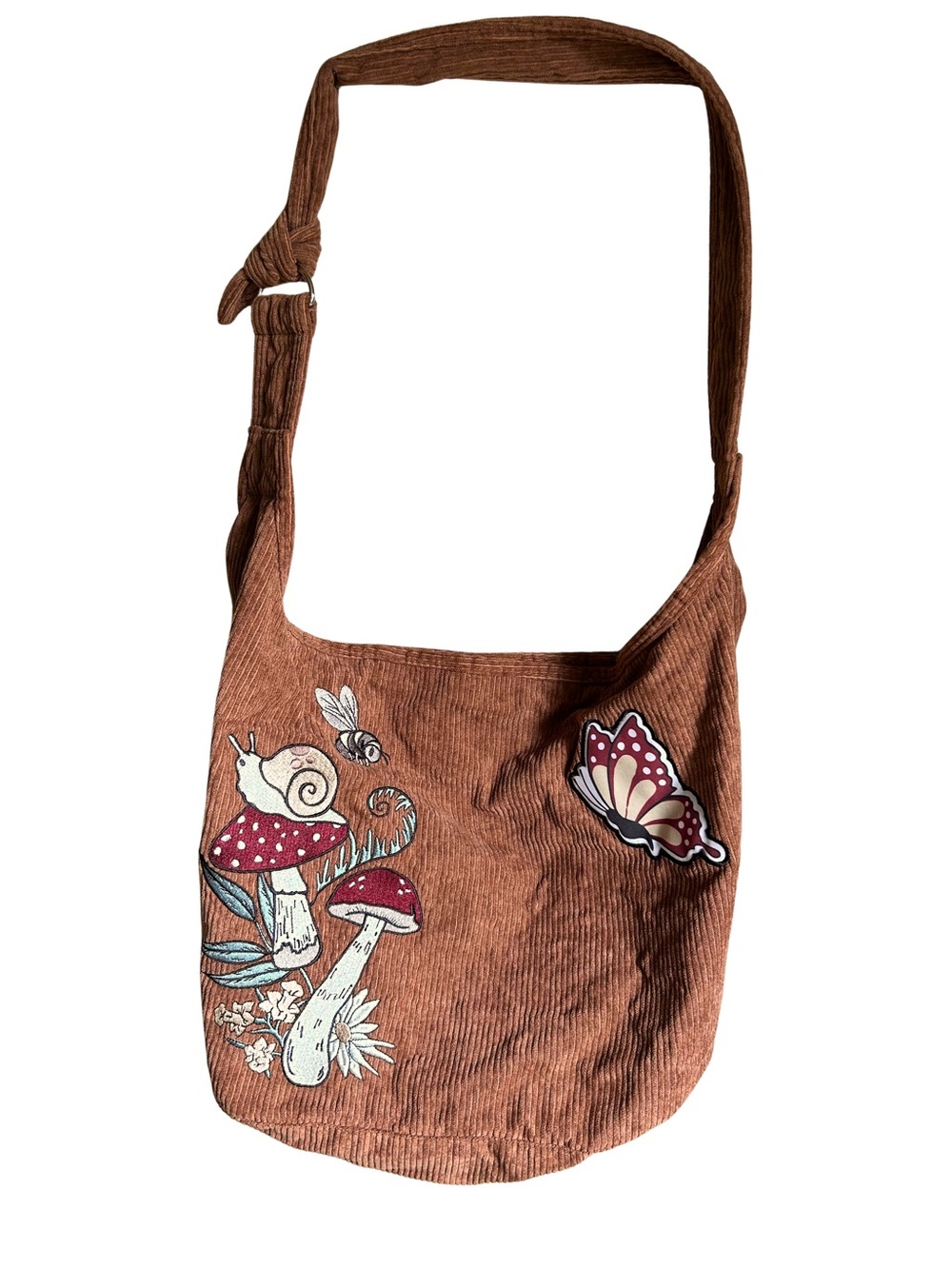 Bioworld Corduroy Brown Mushroom & Butterfly Crossbody Bag